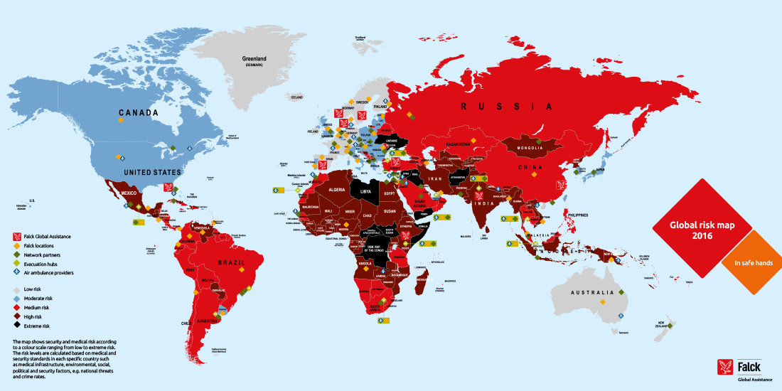 Falck Global Assistance world map showcases the various levels of medical and security risks.
